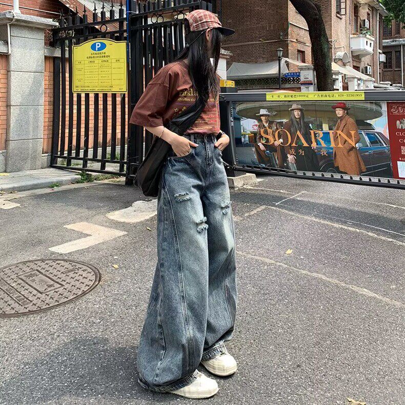 美式潮流水洗破洞休闲牛仔裤女春季设计感高腰宽松阔腿裤灯笼长裤，女装休闲裤，星座218-8