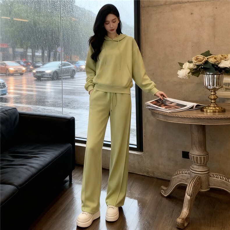 女秋季网红炸街时尚运动套装盐系穿搭纯色连帽卫衣阔腿长裤两件套,女装套装/套裙,江南