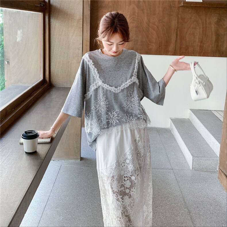 韩版运动休闲显瘦时尚套装女2025年夏季新款蕾丝短袖半身裙两件套,女装套装/套裙,2C275
