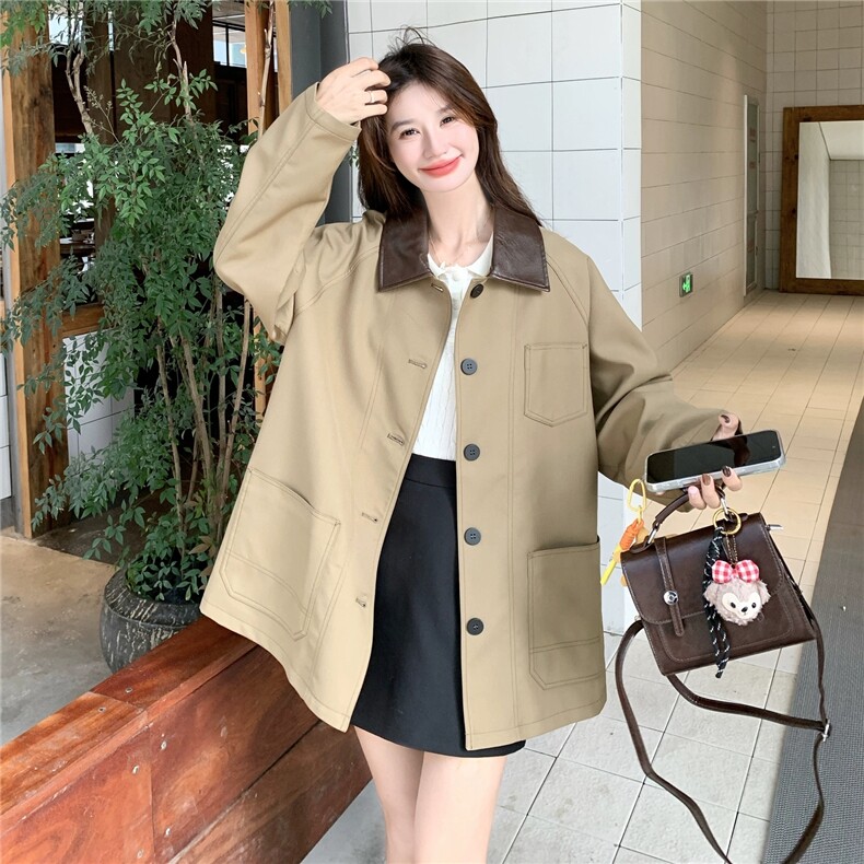 韩版学院风宽松夹克卡其色翻领风衣外套女秋季，女装风衣，Yologo