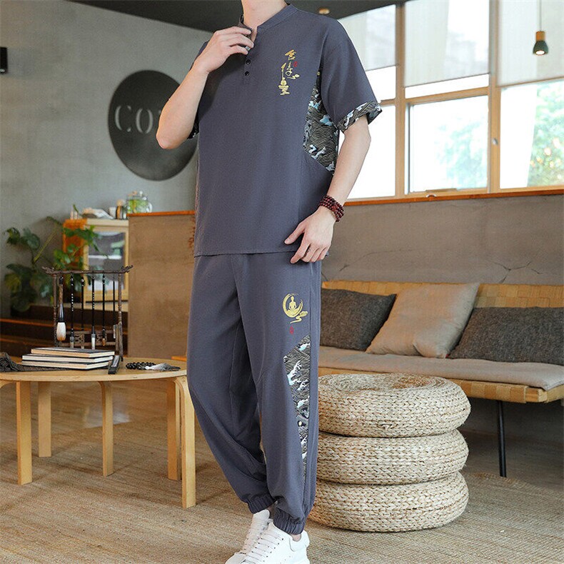 风男装夏季冰丝弹力短袖开衫套装男汉服套装，男装休闲套装，星座1206（原A206）