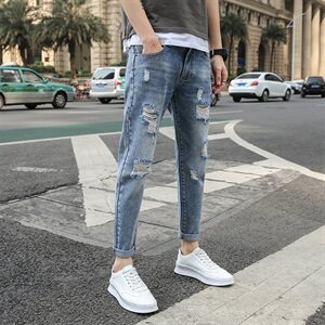【主推款】新款破洞牛仔裤男修身小脚裤韩版九分牛仔裤K819-P42图片