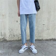 港风简约百搭毛边牛仔裤男夏季韩版直筒小脚九分裤K903/P55，男装牛仔裤，电商D202