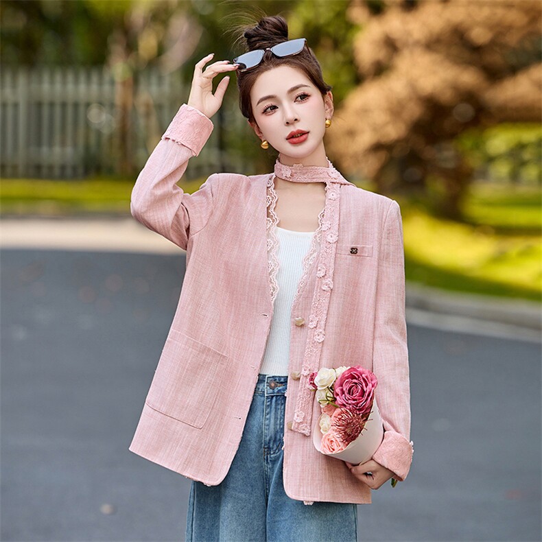 蕾丝花边粉色西装外套女2025春季新款高级感洋气百搭休闲宽松上衣,女装短外套,依如秀(原杭风阁)