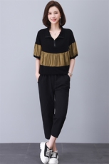 时尚洋气女套装2023年夏季新款短袖拼接上衣时髦中年妈妈装两件套，女装套装/套裙，涵誉
