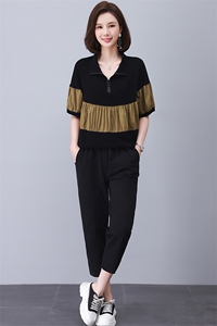 时尚洋气女套装2023年夏季新款短袖拼接上衣时髦中年妈妈装两件套图片