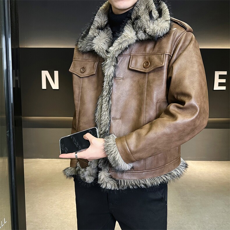 座山雕加绒加厚皮衣外套男士皮毛一体冬季PU皮棉衣B338-5606-P215,男装皮衣,电商B338