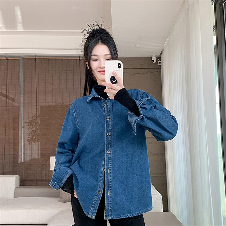 复古牛仔衬衫女宽松设计感小众上衣叠穿长袖衬衣外套潮NZ040-70,男装衬衫,星座911-3