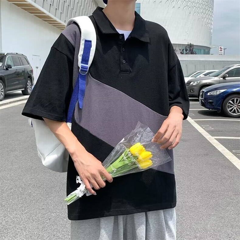 D210-P35短袖POLO衫男夏季2025新款宽松美式复古撞色印花翻领上衣,男装Polo衫,星座603-2