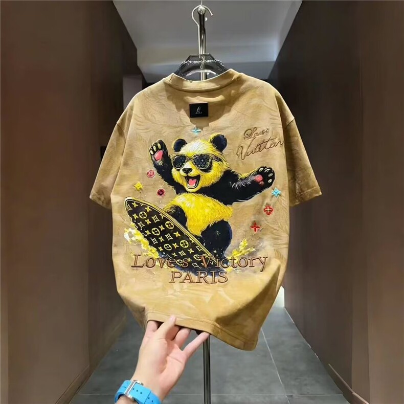 棉质潮牌熊猫冲浪老花刺绣枫叶满印短袖t恤男夏宽松休闲半袖透气,男装T恤,电商B212（原钱塘6029）