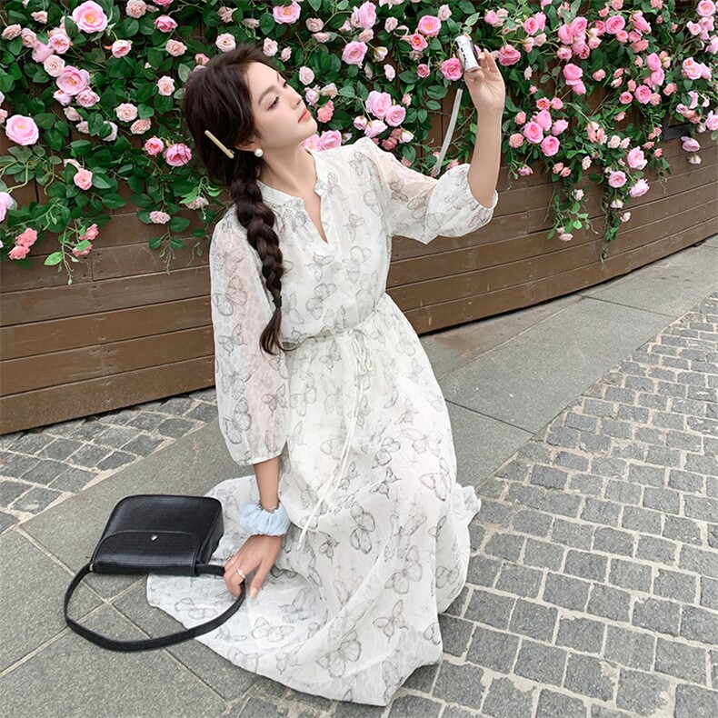 法式V领碎花连衣裙女2025春夏新款高腰显瘦惊艳绝美茶歇裙长裙子,女装连衣裙,天使之佳话