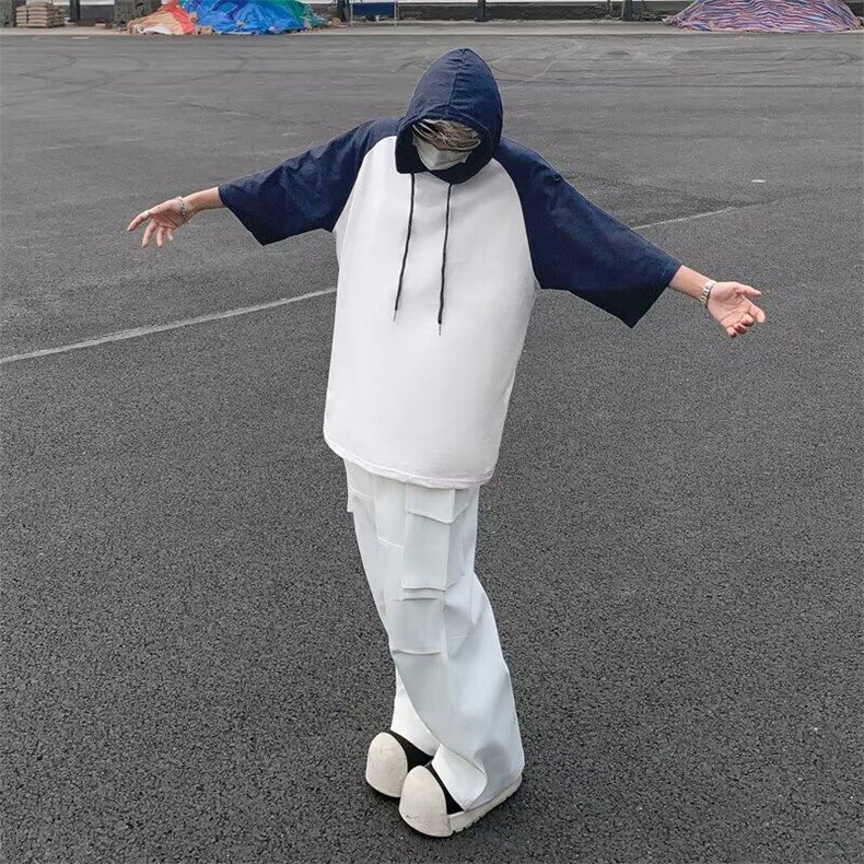 连帽短袖T恤男士夏季宽松潮牌五分袖插肩撞色百搭上衣服,男装T恤,星座410-7