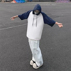 连帽短袖T恤男士夏季宽松潮牌五分袖插肩撞色百搭上衣服，男装T恤，星座410-7