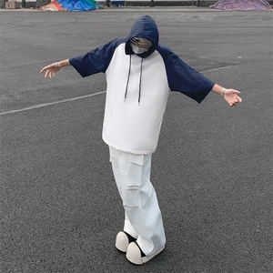 连帽短袖T恤男士夏季宽松潮牌五分袖插肩撞色百搭上衣服图片
