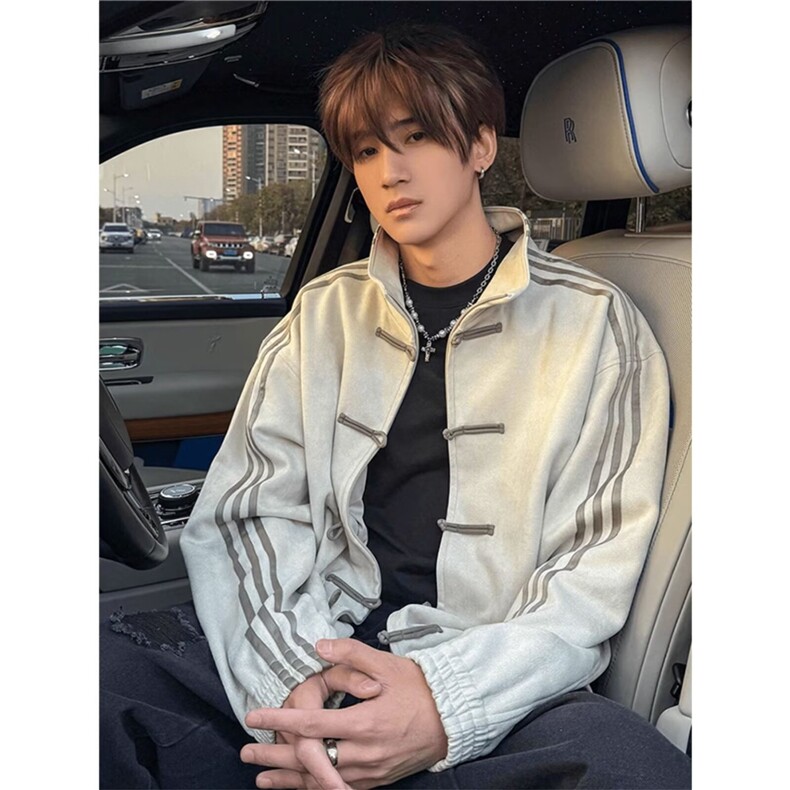 得物品质秋款男中山装排扣夹克衫麝皮绒三条杠外套AK103P78,男装夹克,星座1013-1