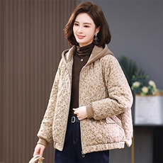 2025冬季连帽时尚休闲夹棉加厚保暖舒适提花民族风棉服，女装棉衣/棉服，独衣靓