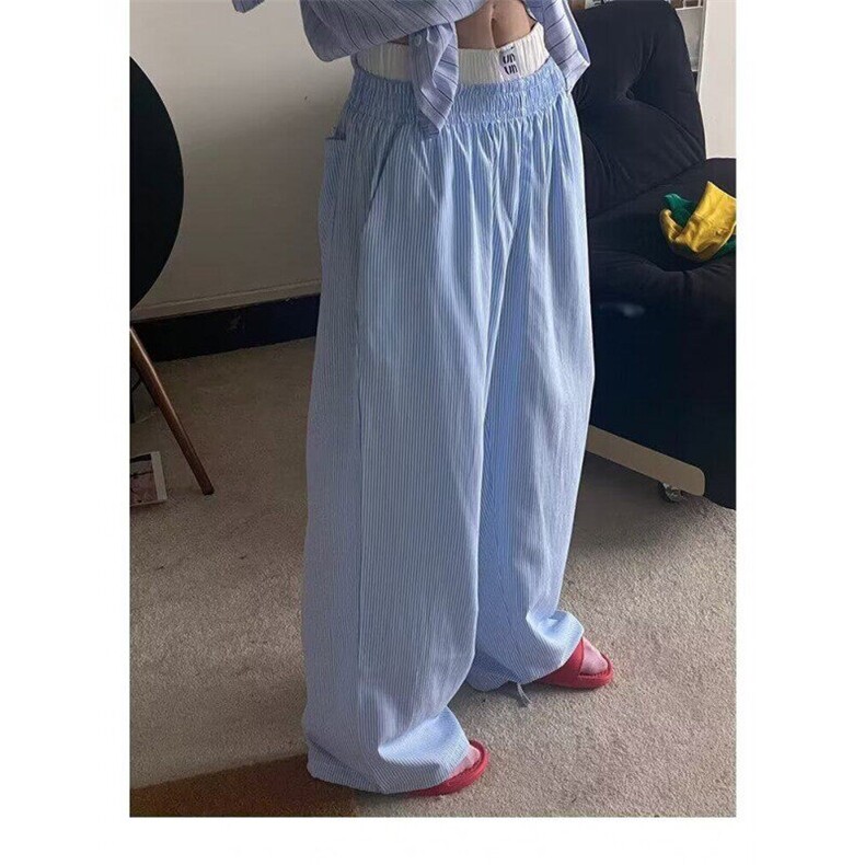 假两件冰丝条纹长裤男女夏季新款设计感休闲阔腿慵懒风显瘦直筒裤,男装休闲裤,星座506A