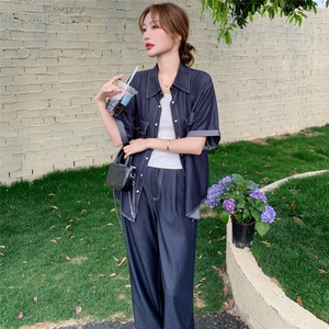 蓝色软牛仔短袖阔腿裤两件套女夏季巨好看韩里韩气独特漂亮一整套图片