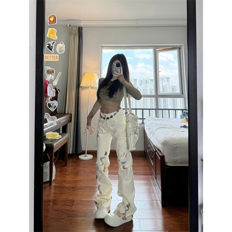【有货】火焰蕾丝白色牛仔裤美式高街vibe微喇裤子B07LL-特P50图片