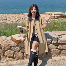 条纹翻边风衣外套女春秋2025新款韩系高级感收腰洋气中长款大衣，女装风衣，蝶眷