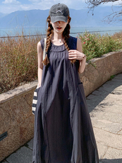 2025年夏季薄款休闲风长裙无袖圆领套头宽松腰南瓜裙，女装连衣裙，诺蝶