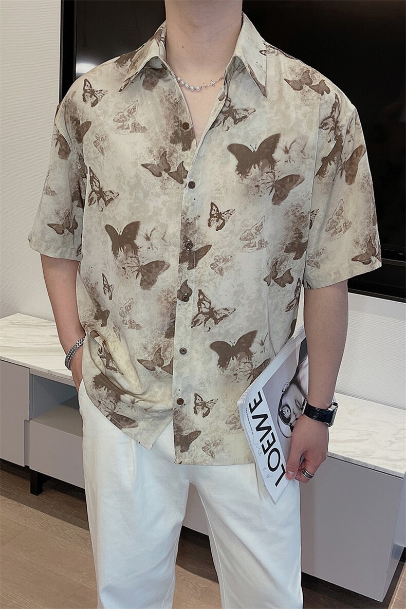 春夏时尚古风蝴蝶满印复古短袖衬衫男宽松网红半袖衬衣潮0256-P53,男装T恤,电商B267