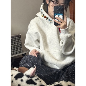 秋冬季新款青少年韩版简约刺绣套头男女款休闲宽松连帽卫衣图片