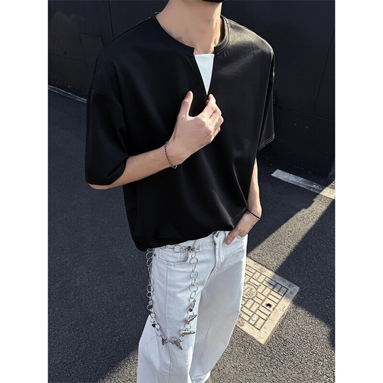 特批P25无差价夏季拼色V领凉感冰丝垂感短袖T恤男大码上衣T5120,男装T恤,电商A001-1