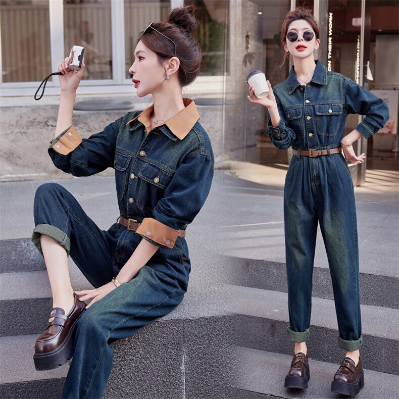 （现货）欧洲站时髦流行深色牛仔连体裤潮2026春秋新休闲减龄显瘦，女装连体裤，印象茜