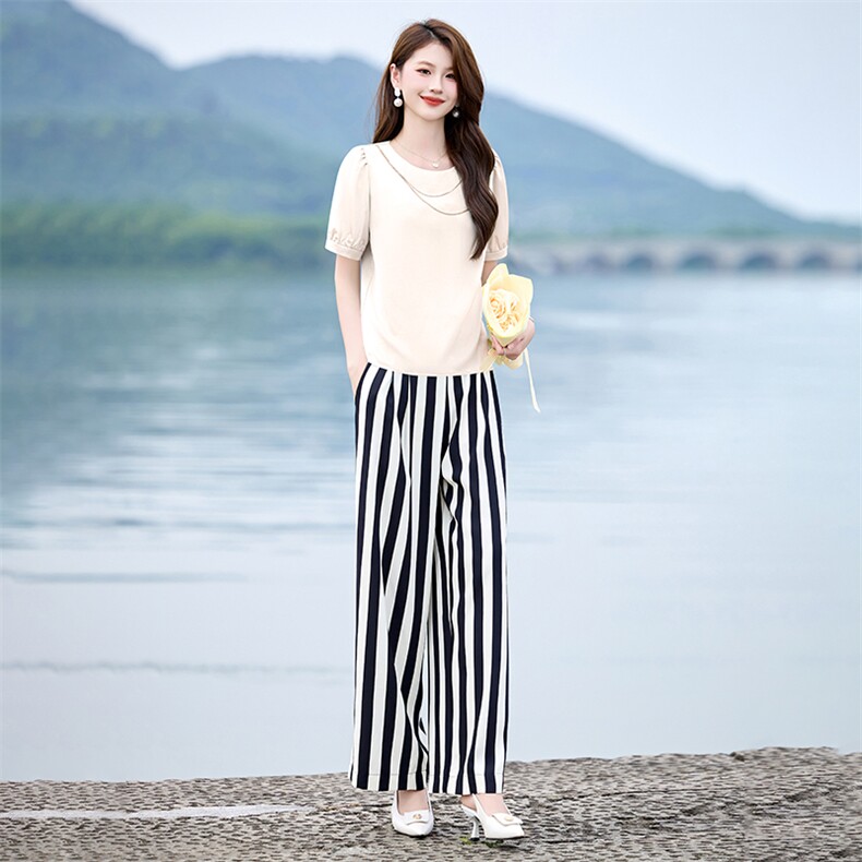 欧货漂亮时尚套装女2024夏气质名媛爆款修身高腰条纹阔腿裤两件套,女装套装/套裙,韩美纤衣