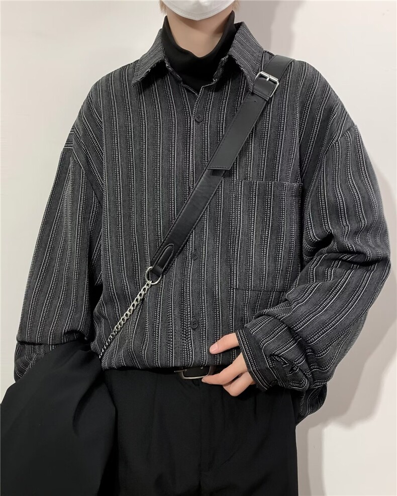 春秋复古风扎染条纹衬衫韩系穿搭男女宽松翻领开衫外套衬衣~CS086,男装衬衫,星座601-2