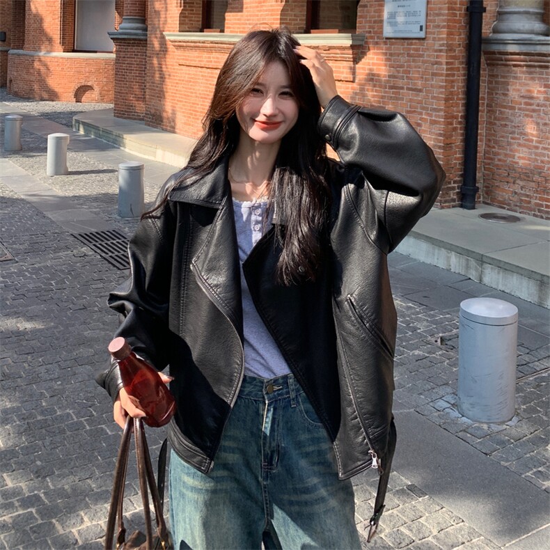 黑色酷飒机车服皮衣夹克外套女2025秋季新款爆款复古时尚显瘦上衣,女装皮衣,2C198
