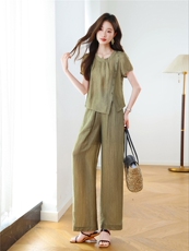 薄款冰丝衬衫女2025夏季新款高级感时尚洋气减龄阔腿裤，女装大码女装，梦依杭