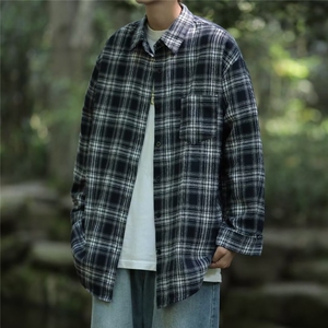 港风格子衬衫男痞帅长袖衬衣潮牌日系夏季外套1001-1-CS45-p35