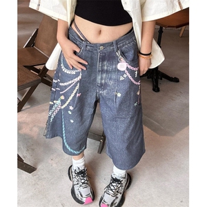 美式复古3D链条印花七分牛仔裤夏季高街设计感宽松显瘦阔腿短裤图片