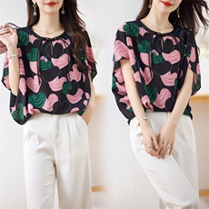 2024夏季新品洋气透气雪纺印花小衫，女装蕾丝衫/雪纺衫，余墨