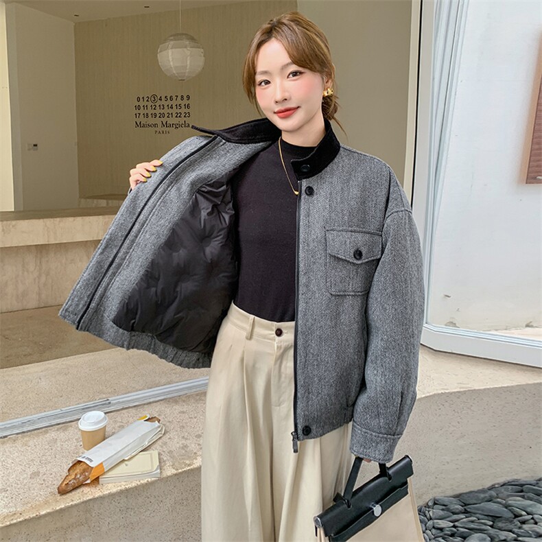 现货：冬装新款复古韩系撞色毛呢羽绒服2C135-8927P285K428,女装羽绒服,2C135