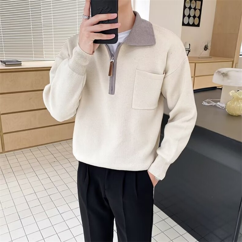 撞色翻领半拉链长袖针织polo衫毛衣男士休闲上衣外穿卫衣MB03,男装Polo衫,星座1116A-2（原606A-1）