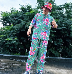 TZ340男士夏秋风大花套装大码宽松凉爽透气个性外套可作睡衣图片
