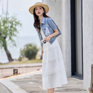 薄款牛仔短袖外套女连衣裙套装2025夏设计感中长款吊带裙子两件套图片