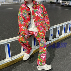 H203大花棉袄加绒裤套装新中式汉服男女表演出保暖防寒棉衣棉服潮，男装棉衣，星座115A(原星座507）