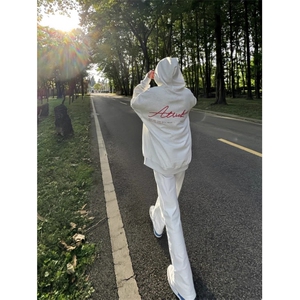 MW02-P35加绒P45白灰色美式高街oversize连帽卫衣男高级感上衣潮,长发女生oversize穿搭图片
