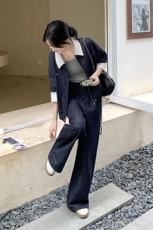 蓝色甜酷撞色小外套阔腿裤套装两件套女2025早秋季高级感时尚穿搭，女装套装/套裙，2C236