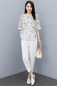 2023夏装新款洋气休闲时尚大码上衣裤两件套宽松阔腿裤棉麻套装女图片