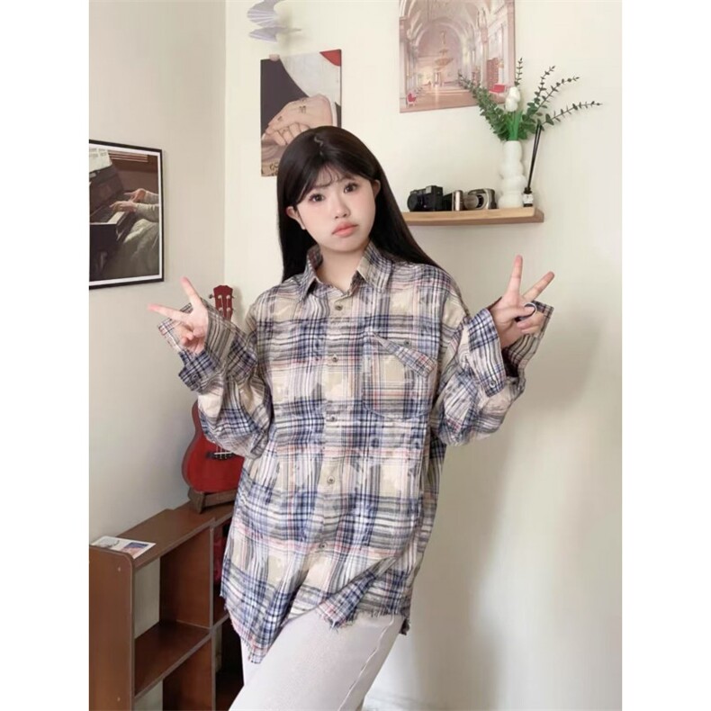 2025新款美式复古格子衬衫女宽松百搭休闲开衫长袖翻领衬衣外套潮,男装衬衫,星座506A
