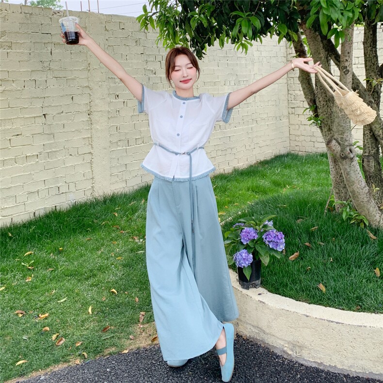 韩系淑女风穿搭白色衬衫配蓝色阔腿裤女夏2025年休闲气质减龄套装,女装套装/套裙,2C129
