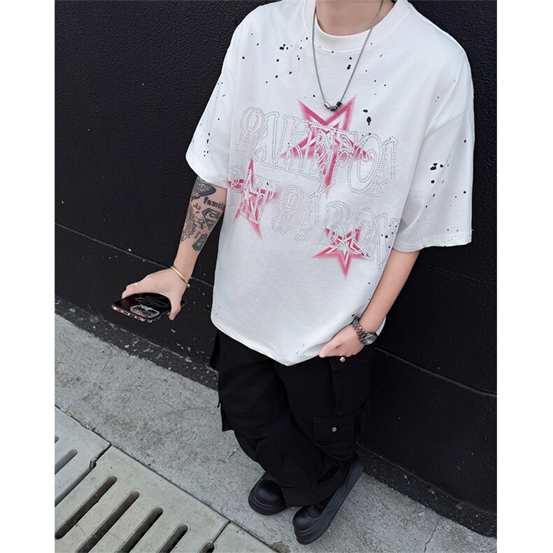 XZ-221-5/T133/P42夏季圆领字母烫钻泼墨印花T恤五分袖短袖，男装T恤，星座221-5