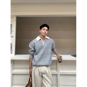重磅北极绒假两件衬衫领毛衣美式高街复古休闲慵懒纯色翻领针织衫图片