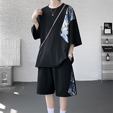 TZ792-特批50控98夏季冰丝潮流大码小熊撞色短袖短裤套装男，男装牛仔裤，电商A059