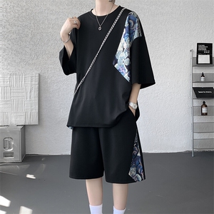 TZ792-特批50  控98 夏季冰丝潮流大码小熊撞色短袖短裤套装男图片